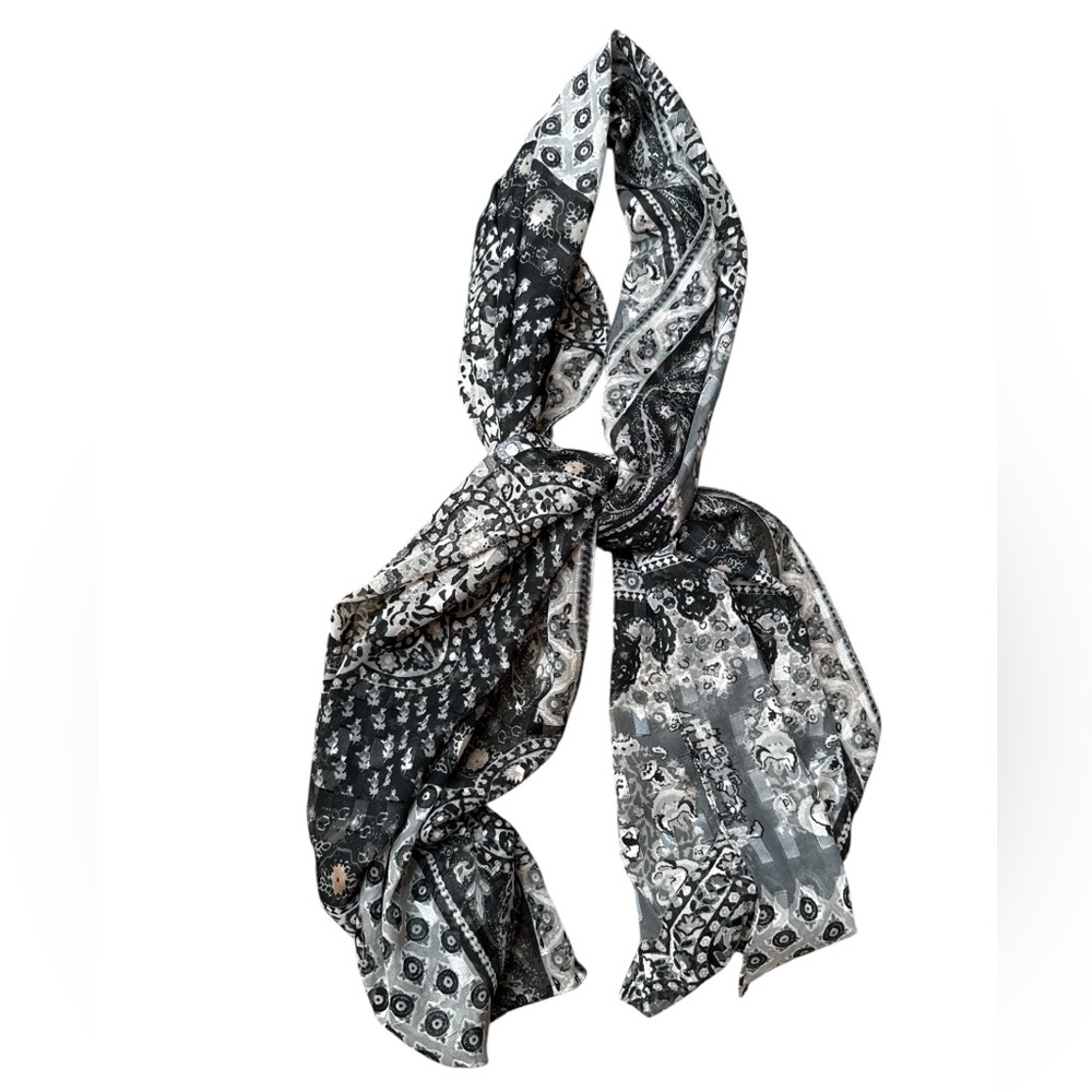 Unbranded Black, Gray, & White Paisley Floral Print Gold Specs Long Scarf